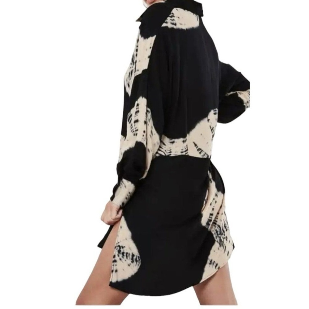 Missguided Oversized Black & Cream Tie Dye Button Up T-Shirt Mini Dress Size 4